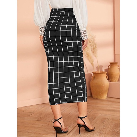 Grid plaid Pencil midi Skirt black white - Picture 2 of 5